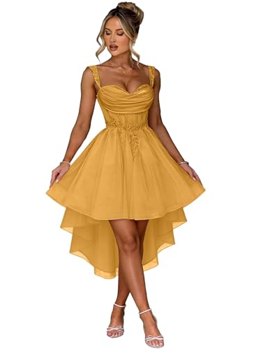 High Low Applique Homecoming Dresses Lace Tulle HOCO for Teens Quinceanera DAMA Dress Mustard Yellow