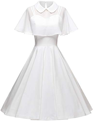 GownTown Women's 1950s Cloak Two-Piece Cocktail Dress Ivory | Detachable chiffon cape with Peter Pan collar, sweetheart neckline, adjustable straps and back zipper. Two looks in one.