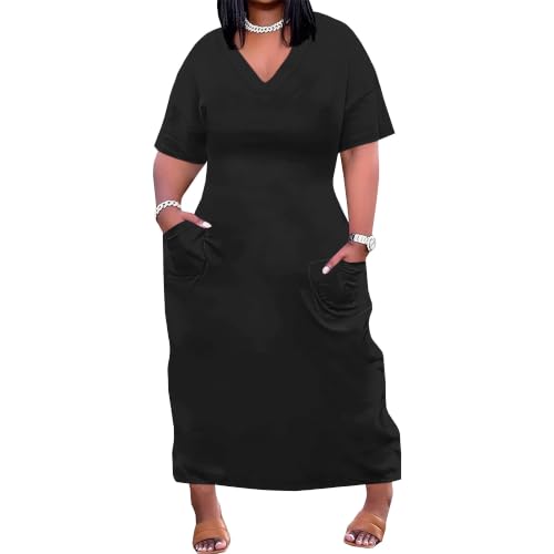 EQQZD Black Plus Size Maxi Dress for Women Solid Color V Neck Short Sleeve Loose Casual Sundress with Pockets Summer Church Travel Lounge Dress X-Large Plus