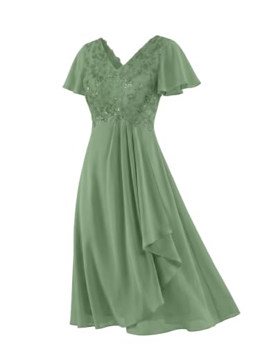 High End Formal Dress for Wedding Guest Tea Length Sleeves Applique Floral | V Neck, Mosaic Lace Floral, Elegant Embroidered Floral Mother of The Groom Dresses, Summer A-Line Wedding Guest Evening Gown