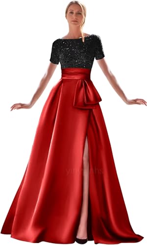 yinyyinhs Black-Red Satin Prom Dress for Women Long Sparkly Short Sleeve Sequin A-Line Slit Round Neck Formal Evening Party Ball Gowns with Pockets US8