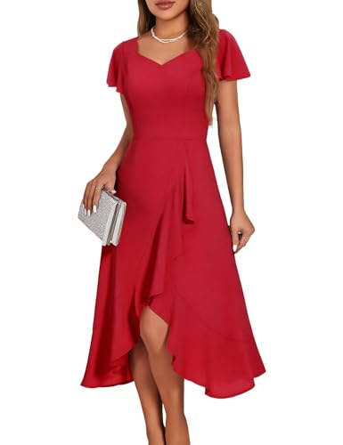 HomRain V Neck Formal Wedding Guest Dresses for Women 2026 with Ruffle Sleeves for Evening Party Cocktail Graduation Dress Red M