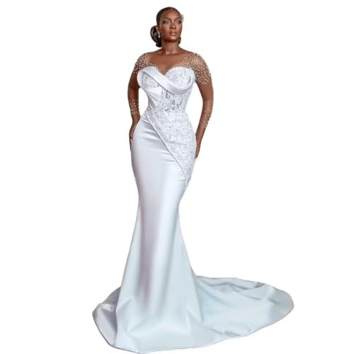 Lmemcsn Sweetheart African Wedding Dress Sheer Neck Sequin Tulle Mermaid Satin Bridal Dresses for Bride Appliques Crystal Pearl Beaded Corset Bridal Gowns 2026 A White Size 8