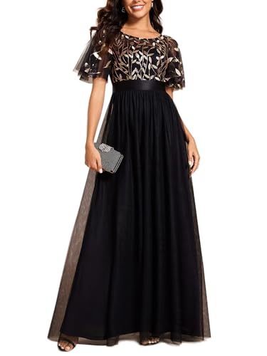 Ever-Pretty Sequin Formal Prom Dresses for Women Ruffle Sleeves Empire Waist A-Line Long Mother of Bride Dress Black and Gold US14