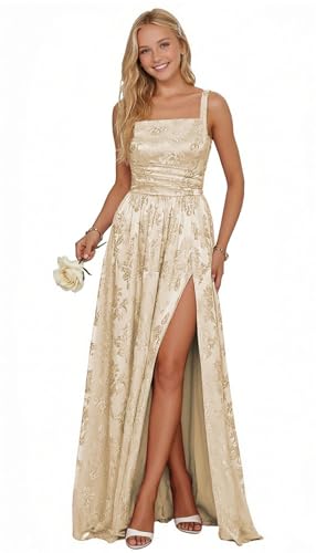 TTYBridal Jacquard Satin Flower Girl Dresses for Wedding Long Pageant Dresses for Girls A line Formal Party Gowns with Slit Champagne 16