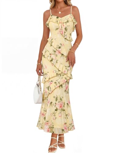 MEROKEETY Summer Floral Wedding Guest Maxi Dress Women 2026, Yellow, XXL