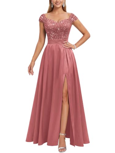 Miusol Women's V-Neck Cap Sleeve Sequin Satin Split Bridesmaid Maxi Gown | Sweetheart cap sleeve, glitter sequin bodice, high thigh side split, for prom, evening party, wedding guest