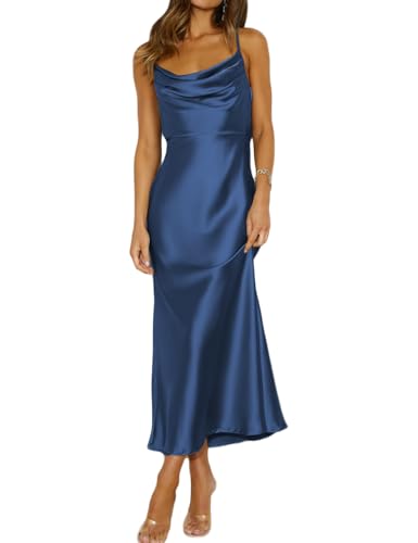 Mogidol Womens Summer Satin Cowl Neck Backless Midi Dress Wedding Guest