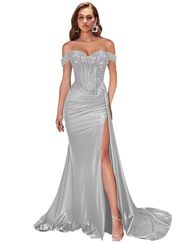PRECISCRY Women's Off the Shoulder Satin Bridesmaid Dresses Long Slit Mermaid Prom Dress Lace Applique Corset Party Gowns Silver