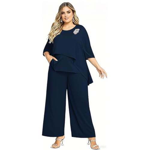 Plus Size Mother of Bride Pantsuit Cocktail Pant Suits for Women Dressy Evening Prom Wedding Navy