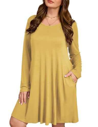 JollieLovin Women Plus Size Long Sleeve Casual Tshirt Dress with Pockets(1X,Yellow)