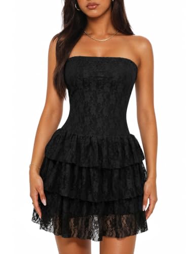 Muchpow Women's Strapless Mini Dress Lace Ruffle Dresses (Black,X-Large) | Built-In Short, Sleeveless Tube Top, Ruffle Tiered, Bodycon Y2K Homecoming, Cocktail, Summer Dress, Hoco, Night Out