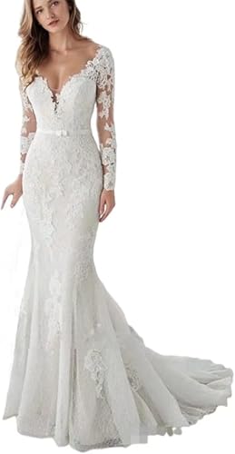 Long Sleeve Mermaid Wedding Dresses for Bride 2024 Lace V Neck Boho Bridal Gowns for Women Style13-Ivory 14M
