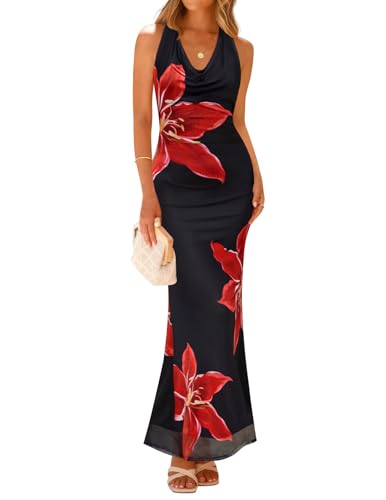 ZESICA Women's Summer Floral Halter Neck Sleeveless Maxi Dress Black S