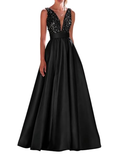 Liopus Black V Neck Satin Sequin Formal Prom Dress for Women US4