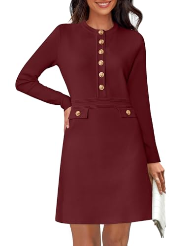 NENONA Women's 2026 Long Sleeve Fall Sweater Dress Winter Spring Fashion Button Elegant Business Casual Work Mini Dresses(Wine Red, S)