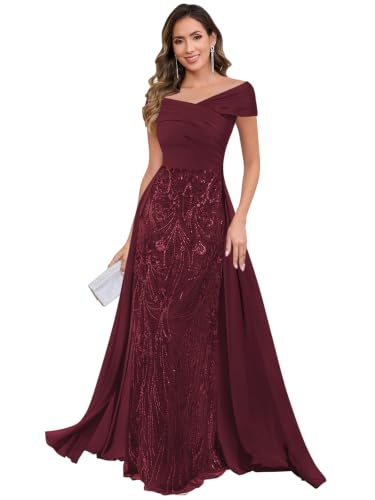 Vmipzc Grandmother of the Bride Dress Sequin Formal Dresses Burgundy US12 | Burgundy Fall Mother of the Groom Gown for Wedding Mermaid Lace Evening Dress Long Maxi Formal Dress for Women