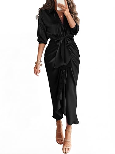 BTFBM Button Dwon Fall Dresses for Women 2026,Black,L