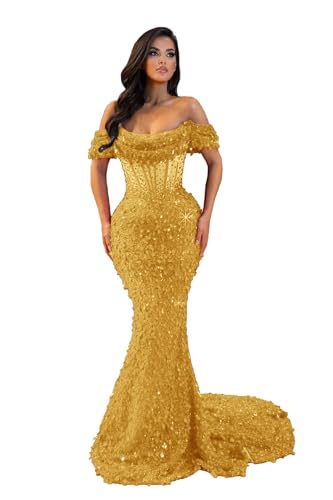 Evening Gowns Long Sparkly Sequin Prom Dresses Off Shoulder Beaded Tight High Waist Mermaid Formal Party Dresses for Women Evening Gowns Gold 16M MX573