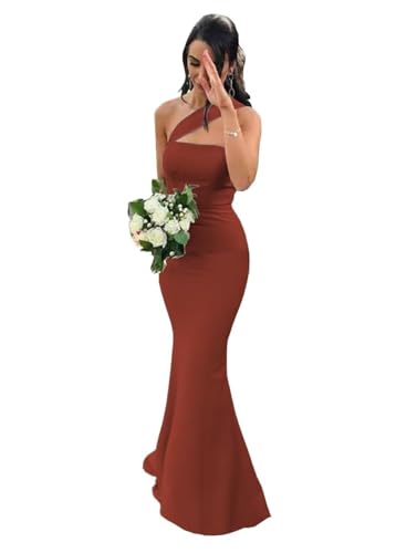 One Shoulder Mermaid Bridesmaid Dresses for Outdoor Wedding Long Satin Prom Dress for Women Formal Evening Party Rust 14 DR0194