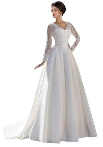 Vintage Long Sleeve Lace Wedding Dresses for Bride Satin Applique Long Bridal Dress for Women Plus Size 2026 White 18