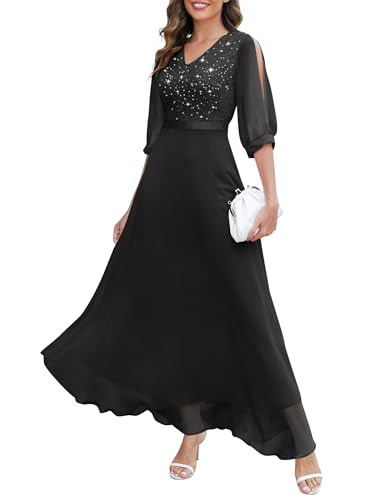Wedtrend Plus Size Women's Evening Party Dress Floor Length Wedding Guest Dress Sparkly Sequin Dresses 3/4 Sleeves Maxi Dresses 2024 WT0317Black3XL