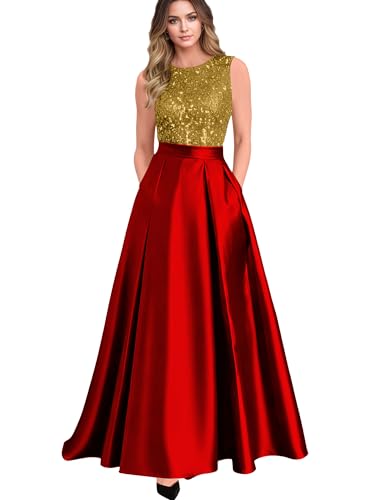 DLWPSC Sequin Prom Dresses Long Sparkly Satin Ball Gown A Line Sleeveless Formal Evening Gowns for Women Gold Red US6