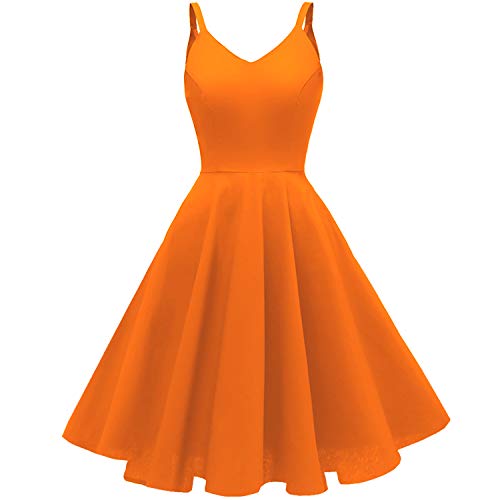 GOOBGS Women's Vintage Spaghetti Strap Cocktail Dresses Orange XS | Sleeveless V-neck with Pockets, A-line High Waist, Prom Party Dress for Women, Date Night Outfits, Casual Work Clothes