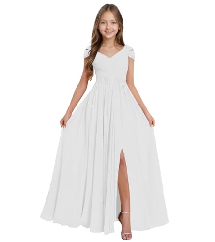 Qatuddl Junior Bridesmaid Dresses White Chiffon Flower Girl Dress for Wedding Cold Shoulder Girls Formal Dresses Size 13