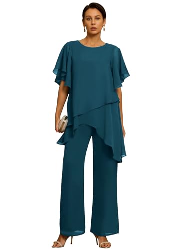 Grandmother Bride Pant Suits 2 piece Chiffon Short Sleeve Wedding Pant Suit