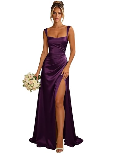 Jalunian Satin Bridesmaid Dresses for Women Grape Wedding Guest Dress Long Square Neck Silk Formal Prom Gown Evening Dress with Slit 6