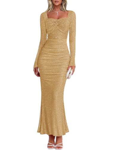 MEROKEETY Women's Fall Wedding Guest Sparkly Bodycon Maxi Dress, Gold, L