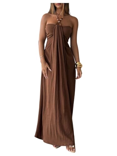 SHENHE Women's Boho Halter Ruched Sleeveless Beach Vacation Maxi Dress