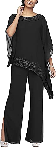 3 PC Chiffon Irregular Plus Size Women Pant Suits Mother of The Bride Wedding Formal Evening Groom Gowns(Black,us16)