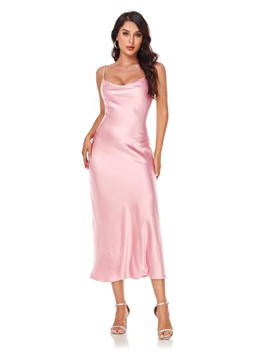 Women's Spaghetti Strap Midi Satin Silk Dresses Slip Cowl Neck Party Cocktail Evening Sexy Dress Light Pink
