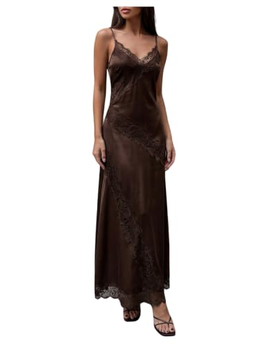 SHENHE Women's Satin Lace Maxi Dress V Neck Party Wedding Guest Slip Dress
