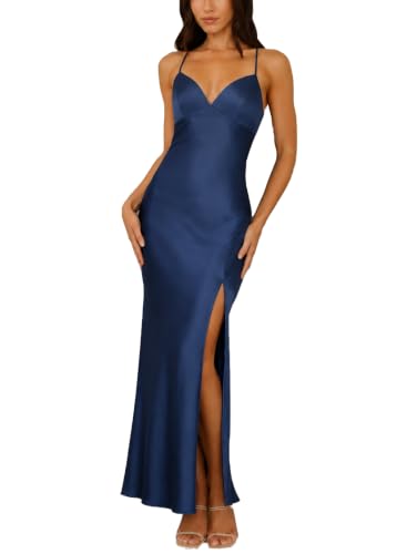 Yixinjew Summer Satin Spaghetti Strap Backless Maxi Dress for Women Formal Silk Tie Back Wedding Guest Dress with Slit Navy
