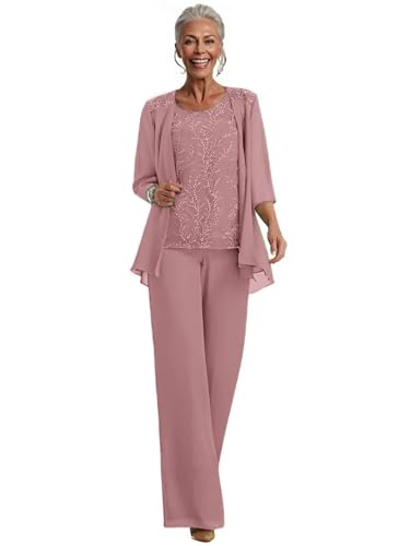 Chiffon Appliques Mother of The Bride Pant Suits 3 Pieces Women Formal Wedding Dress with Jacket Dusty Rose 16