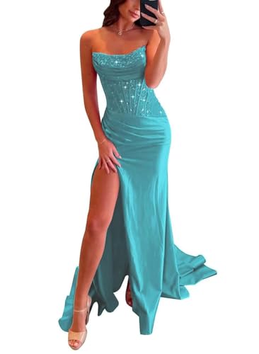 Women's Sparkly Sequin Satin Mermaid Prom Dresses with Slit Lace Appliques Long Formal Evening Party Dress Aqua Blue 2