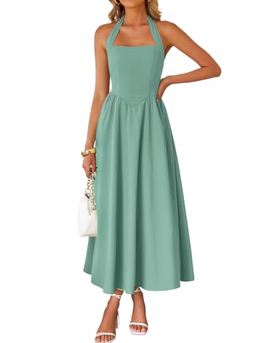ZESICA Women's Summer Sleeveless Halter Wedding Guest Maxi Dress Sage S