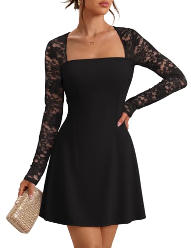 MEROKEETY Womens Lace Fall Cocktail Wedding Guest Mini Dresses, Black, M | Homecoming, 2026 Fall Dress, Square Neck, Party, Date Night, Wedding Guest, A-line, Slim Fit, Formal, Elegant, Short Dress