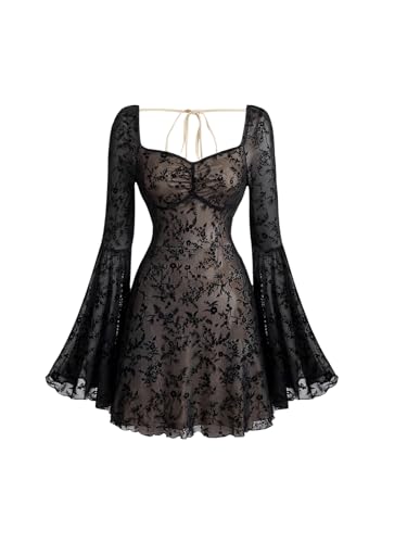 WDIRARA Women's Floral Jacquard Gothic Bell Long Sleeve Dress Pure Black