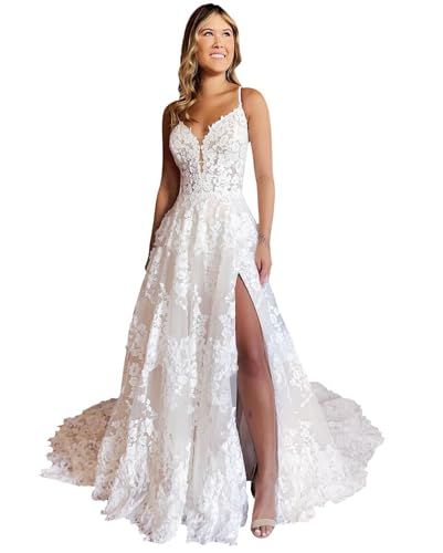Women's Wedding Dresses for Bride 2024 V Neck Lace Backless Beach Boho Wedding Bridal Gowns Ivory Size 10