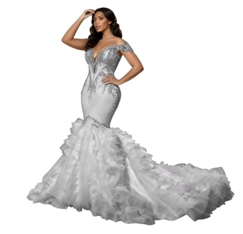 Bling Mermaid Wedding Dresses for Bride Off Shoulder Luxury Crystals Rhinestones Bridal Wedding Gown with Cathedral Train Silver