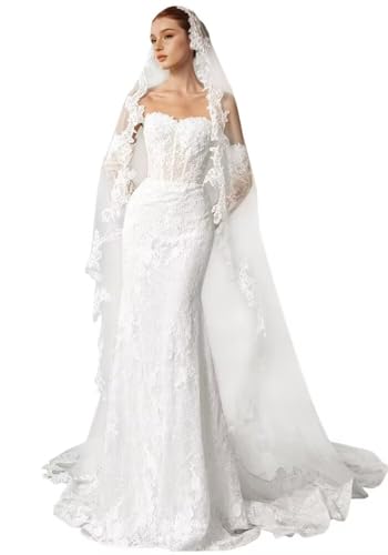 Strapless Mermaid Lace Applique Wedding Bridal Dresses 2026 Bride Detachable Sleeves Boho Wedding Gowns with Long Train White Size 12