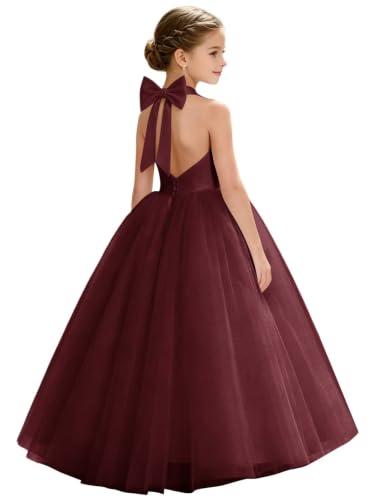Heineyo Bowknot Tulle Junior Bridesmaid Dress Girls Backless Halter Evening Party Gown Wedding A-Line Long Burgundy Satin Sleeveless Flower Girl Dresses US14
