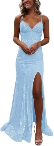 Light Blue Sparkly Sequin Mermaid Prom Dress with Slit 2026 Long Formal Dress Spaghetti Straps Party Dress for Women 0