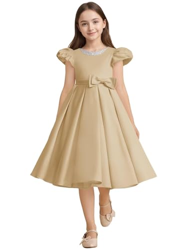 Flower Girl Dresses with Bow Champagne Satin Princess Junior Bridesmaid Dress Puffy Sleeve Princess Pageant Gown TJ39 10