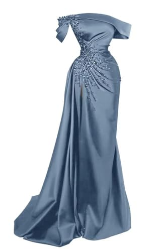 Kncpti Women's Off Shoulder Prom Dress with Slit Mermaid Beads Satin Bridesmaid Dresses Long Formal Evening Party Gown Dusty Blue 14