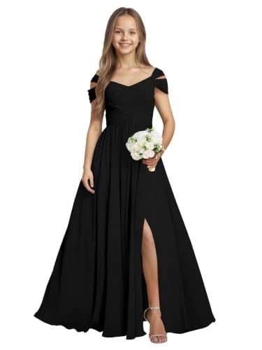 Qgeno Chiffon Junior Bridesmaid Dresses for Wedding Black Long Flower Girl Dress A Line Ruched Formal Gown Size 14-16